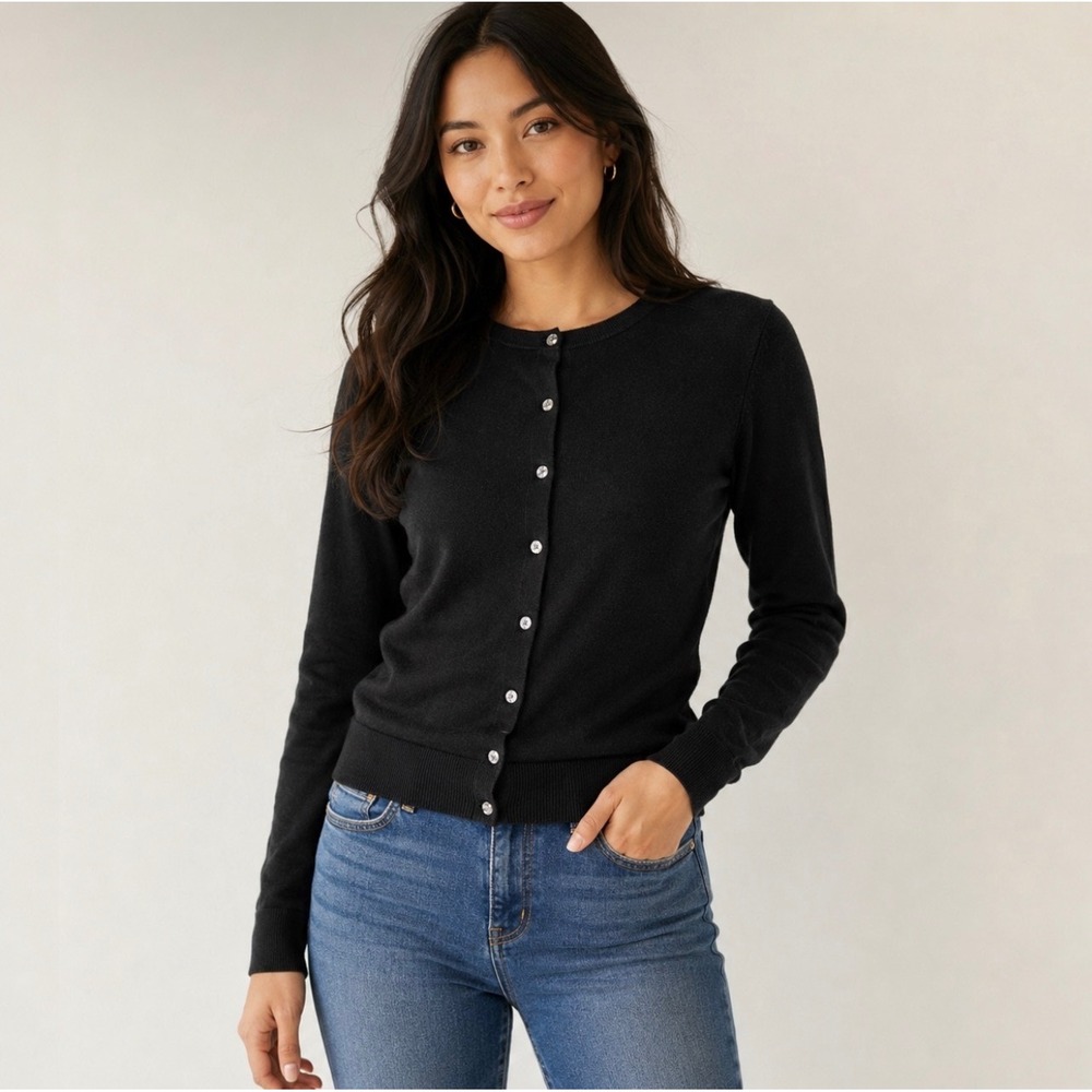 Ann Taylor‎ LOFT Black Cardigan Sweater S Button Front Crew Neck Pima Cotton